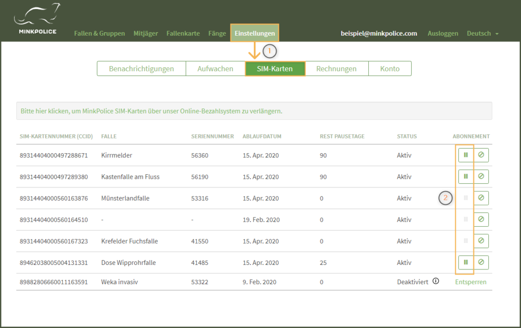 Bildschirmfoto MinkPolice Profil SIM-Karte pausieren Übersicht