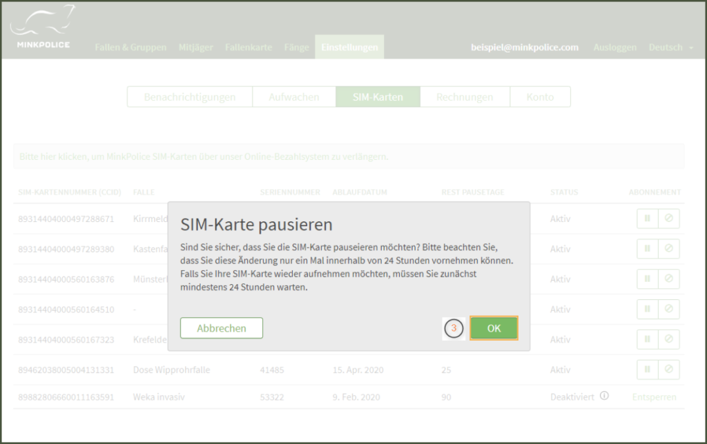 Bildschirmfoto MinkPolice Profil SIM-Karte pausieren Dialogfeld