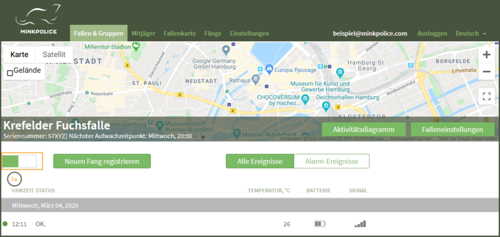 Bildschirmfoto Fallenmelder ausschalten Schritt 1a MinkPolice FAQ