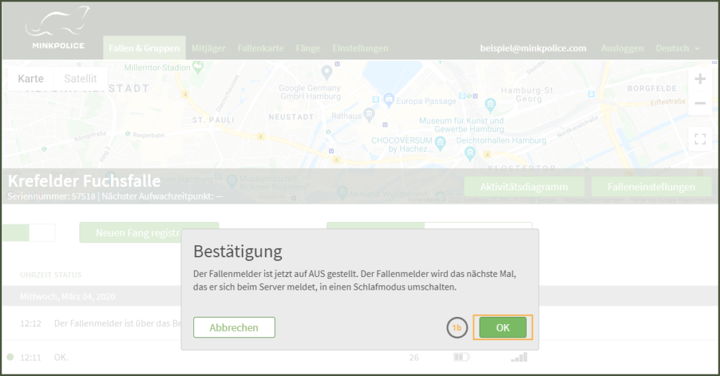 Bildschirmfoto Fallenmelder ausschalten Schritt 1b MinkPolice FAQ