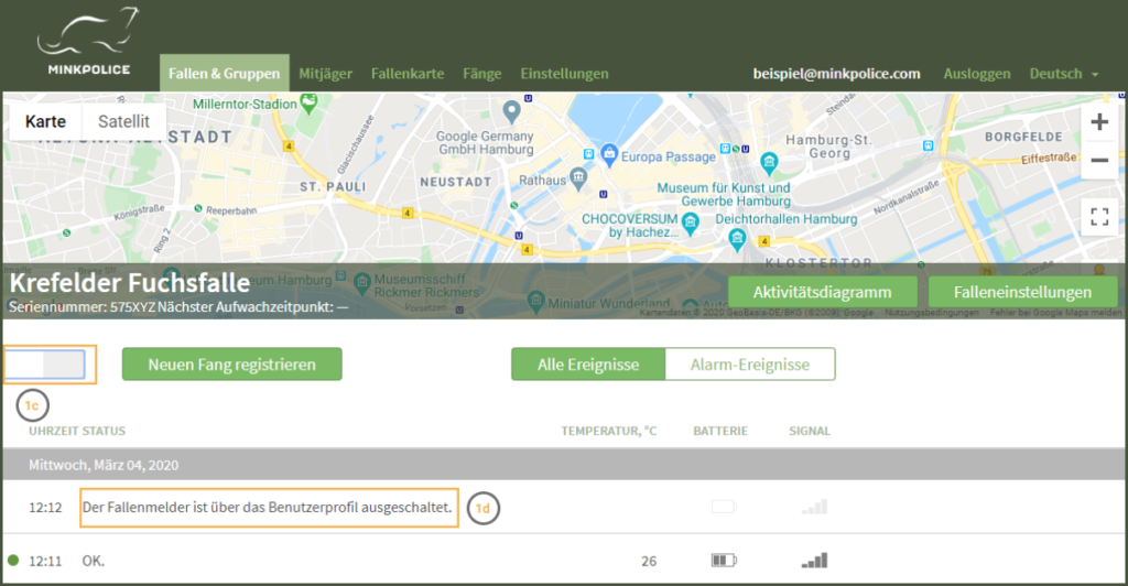 Bildschirmfoto Fallenmelder ausschalten Schritt 1c+d MinkPolice FAQ