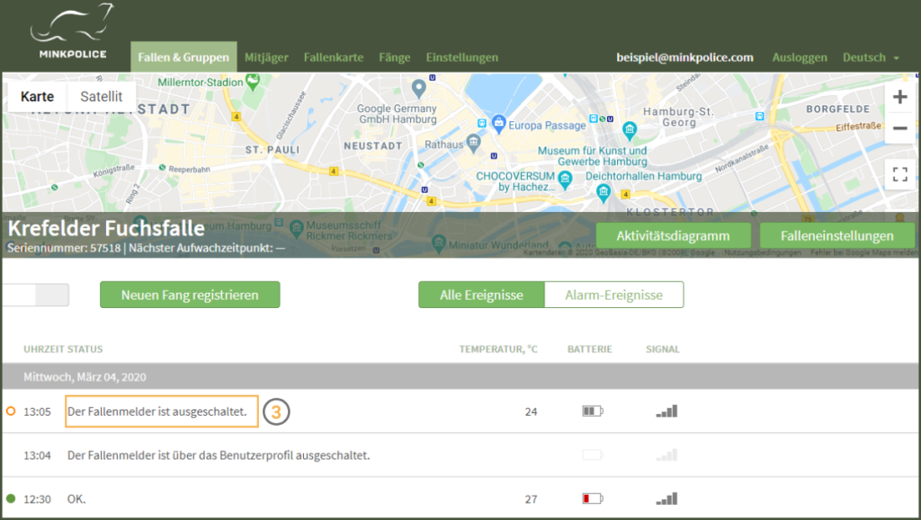 Bildschirmfoto Fallenmelder ausschalten Schritt 3 MinkPolice FAQ