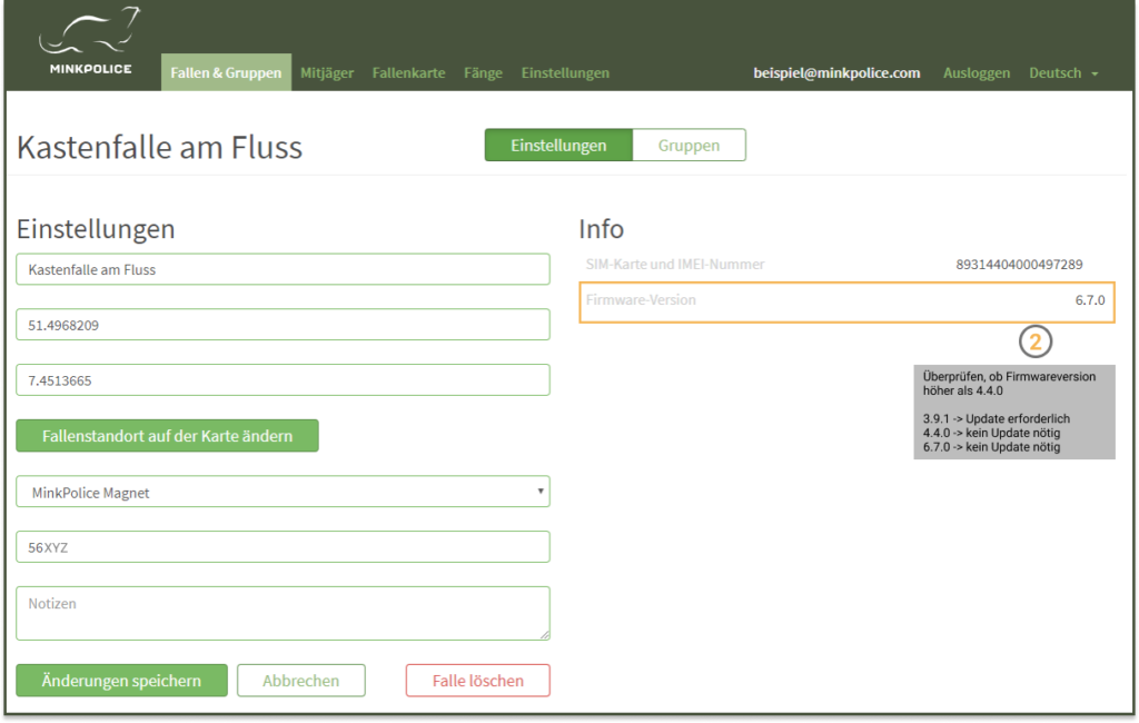 Bildschirmfoto Kastenfalle am Fluss Firmwareversion MinkPolice FAQ