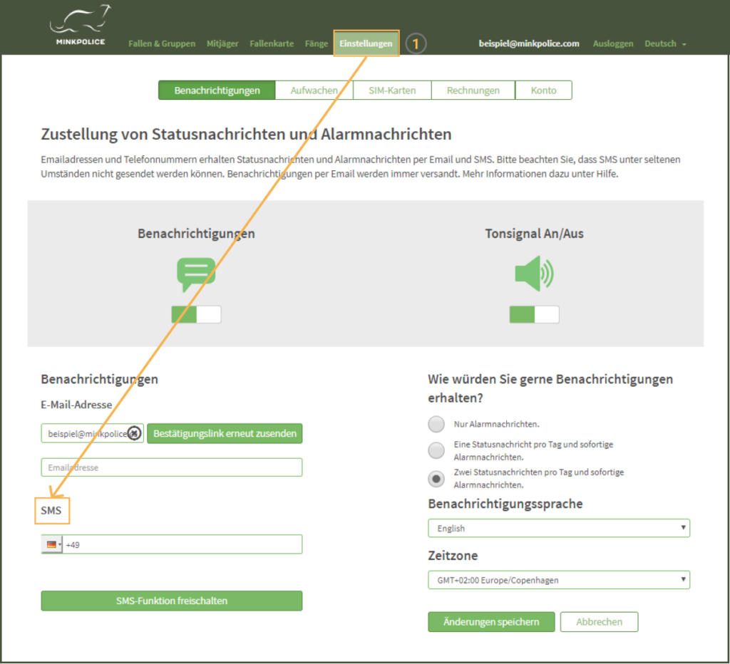 MinkPolice FAQ SMS Funktion freischalten Schritt 1