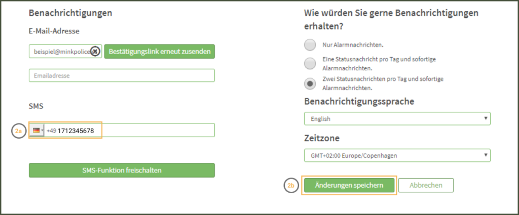 MinkPolice FAQ SMS Funktion freischalten Schritt 2a + 2b