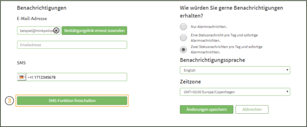 MinkPolice FAQ SMS Funktion freischalten Schritt 3