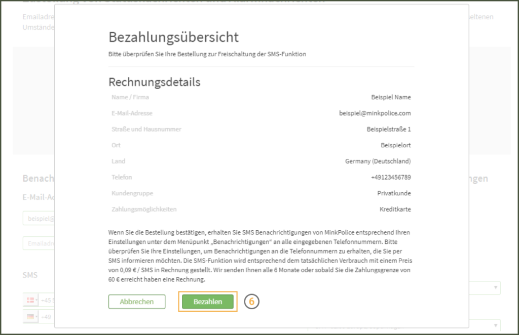 MinkPolice FAQ SMS Funktion freischalten Schritt 6